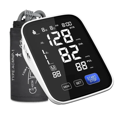Upper-arm electronic blood pressure monitor with voice prompt, large LCD screen, and adjustable cuff shown on a white background.