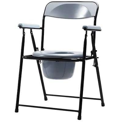 Folding toilet chair with cushioned seat, armrests, and removable bucket.