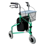 A teal-colored three-wheeled walker with a black wire basket on the front, a black zippered storage bag underneath, ergonomic black handles with loop brakes, and three large all-terrain wheels.