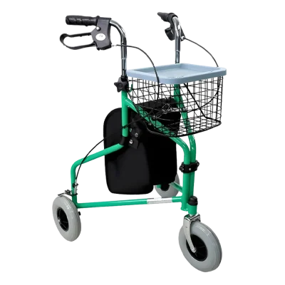 A teal-colored three-wheeled walker with a black wire basket on the front, a black zippered storage bag underneath, ergonomic black handles with loop brakes, and three large all-terrain wheels.