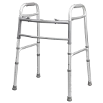 Medacsi Care's folding walker with lightweight aluminum frame, push-button fold, adjustable height, and rubber-tipped legs.