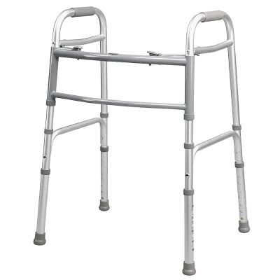 Medacsi Care's folding walker with lightweight aluminum frame, push-button fold, adjustable height, and rubber-tipped legs.