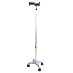 Black quad walking stick with a curved handle and four-pronged base for enhanced stability.