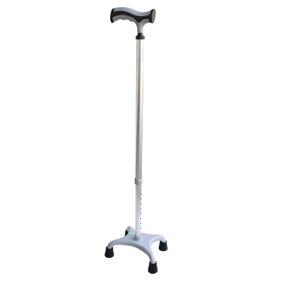 Black quad walking stick with a curved handle and four-pronged base for enhanced stability.