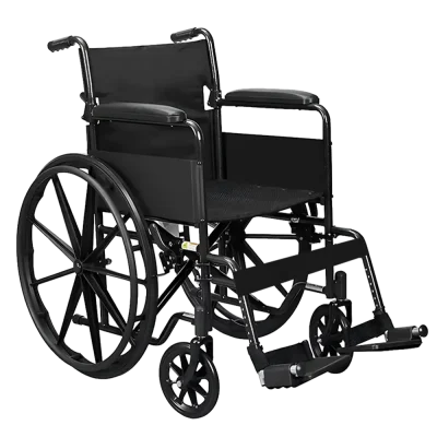 Black and silver foldable manual wheelchair with cushioned seat, mag-style rear wheels, and swing-away footrests.