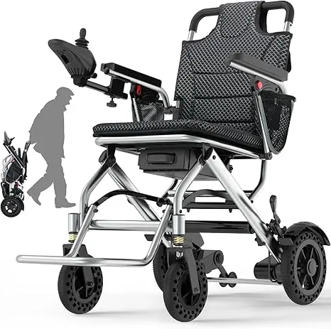 Lightweight electric wheelchair and best electric wheelchair for elderly with a soft seat and joystick control, perfect for easy outdoor travel. A folded wheelchair in the background shows how simple it is to carry and store. Great choice for seniors and people needing daily mobility support.