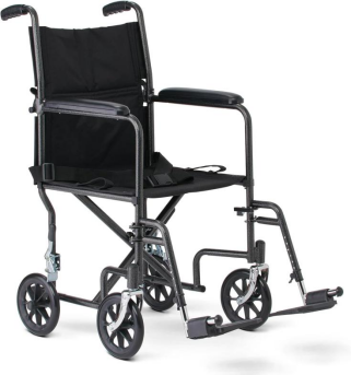 Best manual wheelchair with a strong black metal frame and soft fabric seat, designed for seniors seeking easy mobility. Lightweight construction and durable wheels ensure smooth travel and everyday comfort, ideal for independent movement and daily use.