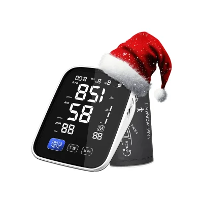 Digital blood pressure monitor with Santa hat showing 151/58 mmHg and 88 bpm, promoting holiday health awareness.