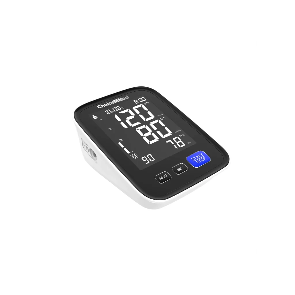 Upper-arm electronic blood pressure monitor with voice prompt, large LCD screen, and adjustable cuff shown on a white background.