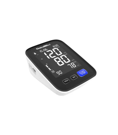 Upper-arm electronic blood pressure monitor with voice prompt, large LCD screen, and adjustable cuff shown on a white background.