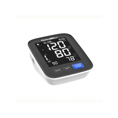 Upper-arm electronic blood pressure monitor with voice prompt, large LCD screen, and adjustable cuff shown on a white background.