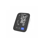 Upper-arm electronic blood pressure monitor with voice prompt, large LCD screen, and adjustable cuff shown on a white background.