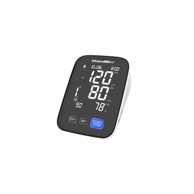 Upper-arm electronic blood pressure monitor with voice prompt, large LCD screen, and adjustable cuff shown on a white background.