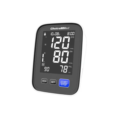 Upper-arm electronic blood pressure monitor with voice prompt, large LCD screen, and adjustable cuff shown on a white background.