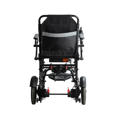 Back view of a black electric wheelchair with fabric backrest, armrests, large rear wheels, and visible motor components beneath the seat.