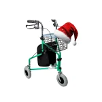 Festive green three-wheeled walker with wire basket and Santa hat, symbolizing holiday cheer and mobility support for seniors.