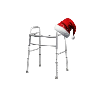 Aluminum mobility walker with festive red and white Santa hat on handle, symbolizing holiday cheer and senior support.