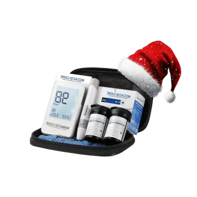 MEDASCI CARE diabetes kit with glucose meter reading 82 mg/dL, test strips, lancets, and festive Santa hat in black zippered case for holiday health awareness.
