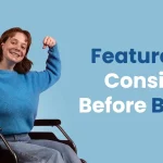 A Women considering wheelchair features, including lightweight design, adjustable armrests, and reclining backrest, emphasizing key wheelchair attributes that enhance comfort, usability, and mobility for users.