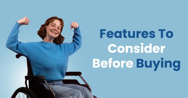A Women considering wheelchair features, including lightweight design, adjustable armrests, and reclining backrest, emphasizing key wheelchair attributes that enhance comfort, usability, and mobility for users.