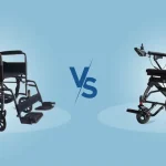Manual vs electric wheelchair: side-by-side view of a manual wheelchair with large rear wheels and an electric wheelchair with joystick controls, set against a solid blue background.