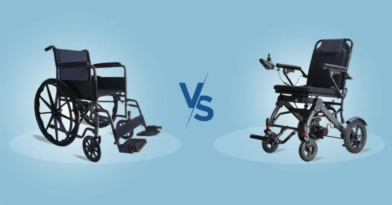Manual vs electric wheelchair: side-by-side view of a manual wheelchair with large rear wheels and an electric wheelchair with joystick controls, set against a solid blue background.