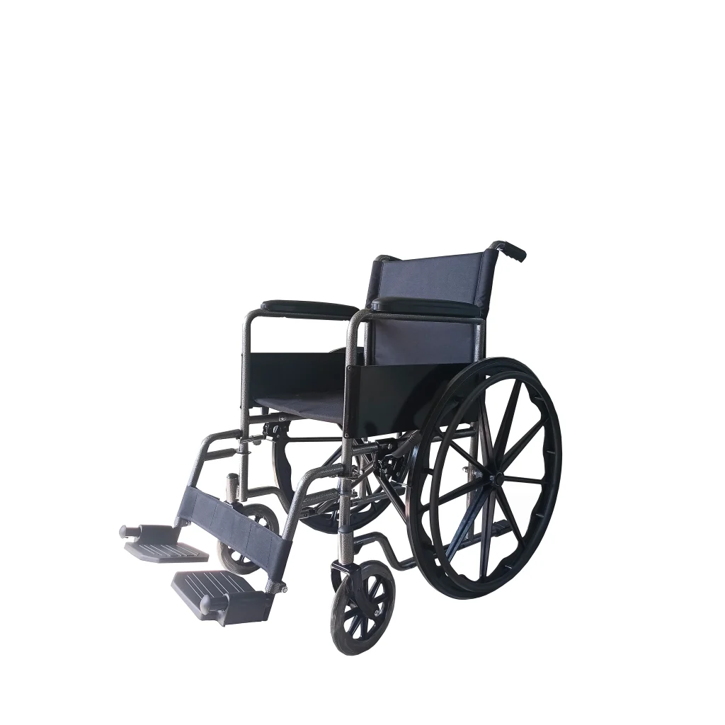 Black and silver foldable manual wheelchair with cushioned seat, mag-style rear wheels, and swing-away footrests.