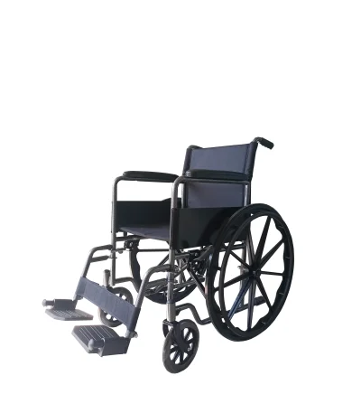 Black and silver foldable manual wheelchair with cushioned seat, mag-style rear wheels, and swing-away footrests.