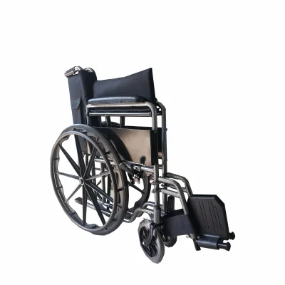 Folded lightweight manual wheelchair with silver frame, black nylon seat and backrest, large 24″ rear wheels, and folded-up footrests.