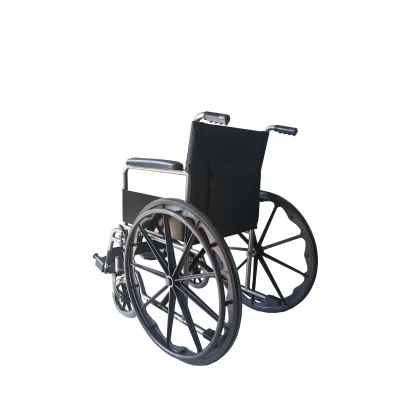 Manual wheelchair with black nylon seat and backrest (featuring a storage pocket), 24″ rear wheels with hand rims, 8″ front swivel casters, and padded armrests.