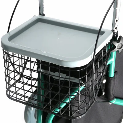 Removable black wire mesh basket clipped onto the front of a rollator walker.