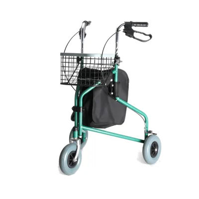 A teal-colored three-wheeled walker with a black wire basket on the front, a black zippered storage bag underneath, ergonomic black handles with loop brakes, and three large all-terrain wheels.