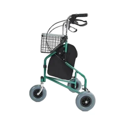 Three-wheeled green rollator walker with a black padded seat, front wire basket, large gray wheels, and ergonomic handlebars with loop brakes.
