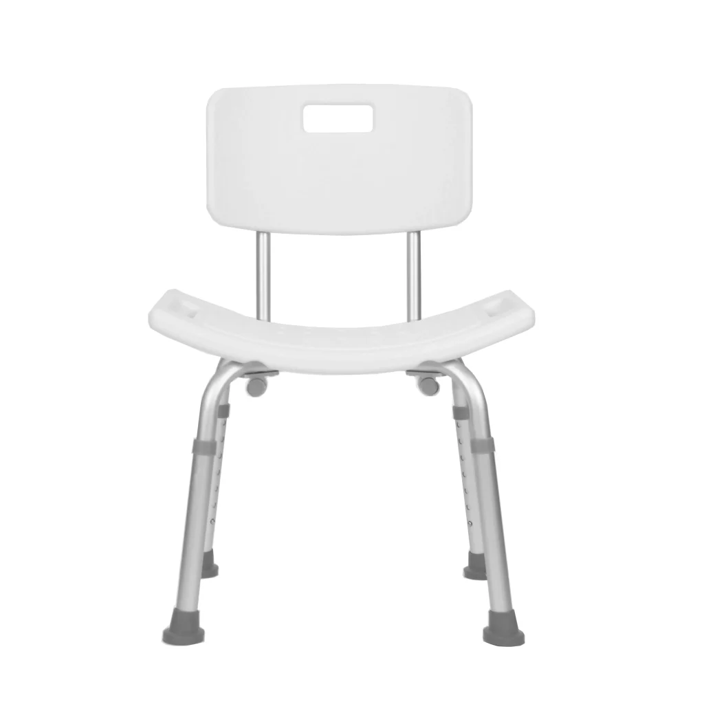 White adjustable shower chair with ergonomic backrest and rubber suction feet standing on a tiled shower floor.