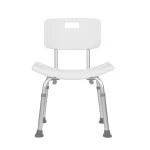White adjustable shower chair with ergonomic backrest and rubber suction feet standing on a tiled shower floor.