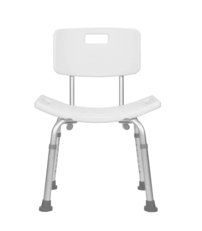 White adjustable shower chair with ergonomic backrest and rubber suction feet standing on a tiled shower floor.