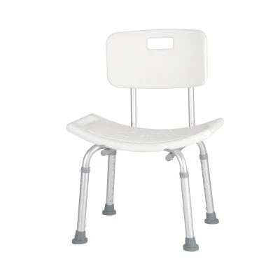 White plastic shower chair with a supportive backrest, curved seat with drainage holes, and adjustable metal legs ending in rubber tips.