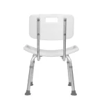 Back view of a white shower chair showing the curved backrest handle, adjustable metal legs, and rubber tips.