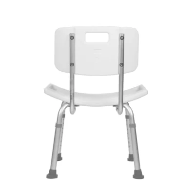 Back view of a white shower chair showing the curved backrest handle, adjustable metal legs, and rubber tips.