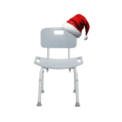 Adjustable shower chair with backrest and armrests, featuring non-slip rubber feet and a festive red Santa hat draped over the top corner, adding holiday cheer to a medical bathroom aid.