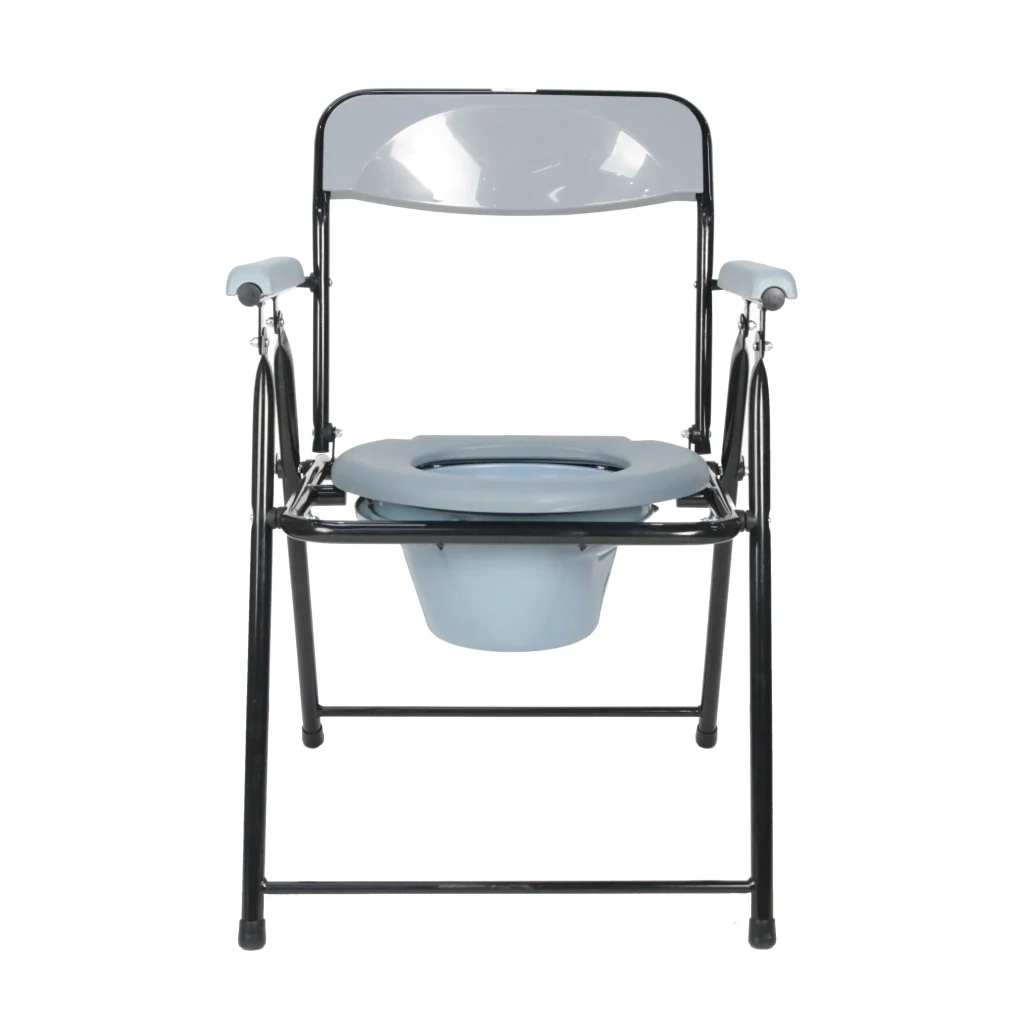 Folding toilet chair with cushioned seat, armrests, and removable bucket.