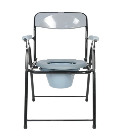 Folding toilet chair with cushioned seat, armrests, and removable bucket.