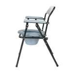 Folding toilet chair with padded seat, backrest, and removable bucket.