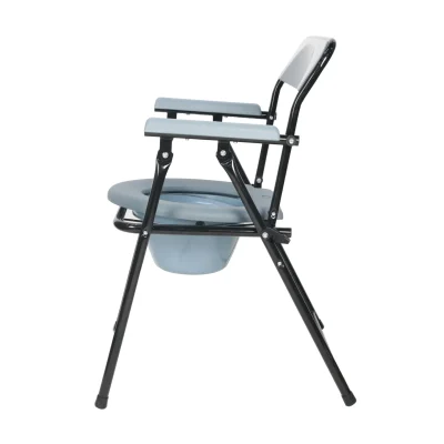 Folding toilet chair with padded seat, backrest, and removable bucket.