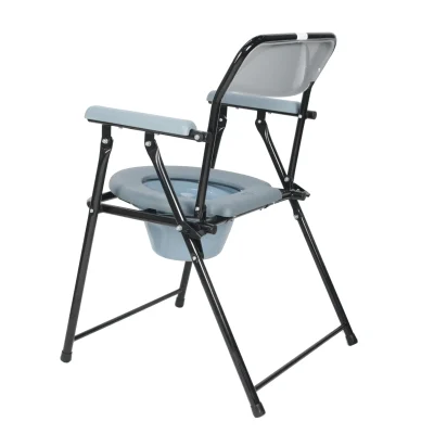 Toilet chair with padded seat, armrests, and ergonomic backrest.