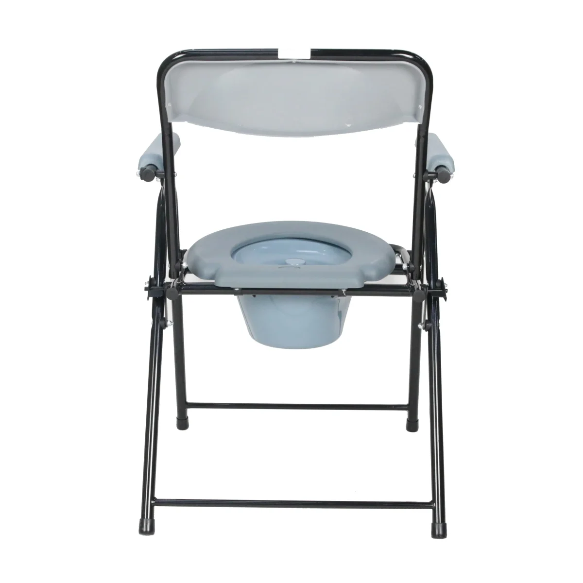 Folding toilet chair with plastic seat, backrest, and removable bucket.