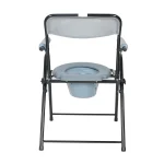 Folding toilet chair with plastic seat, backrest, and removable bucket.