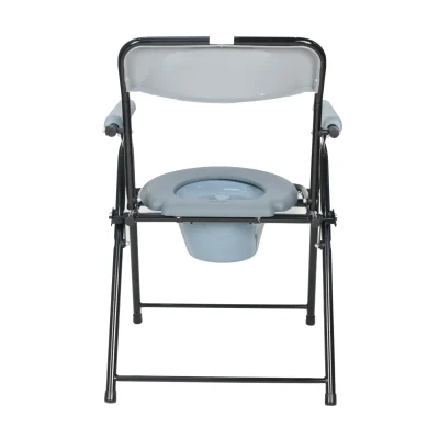 Folding toilet chair with plastic seat, backrest, and removable bucket.