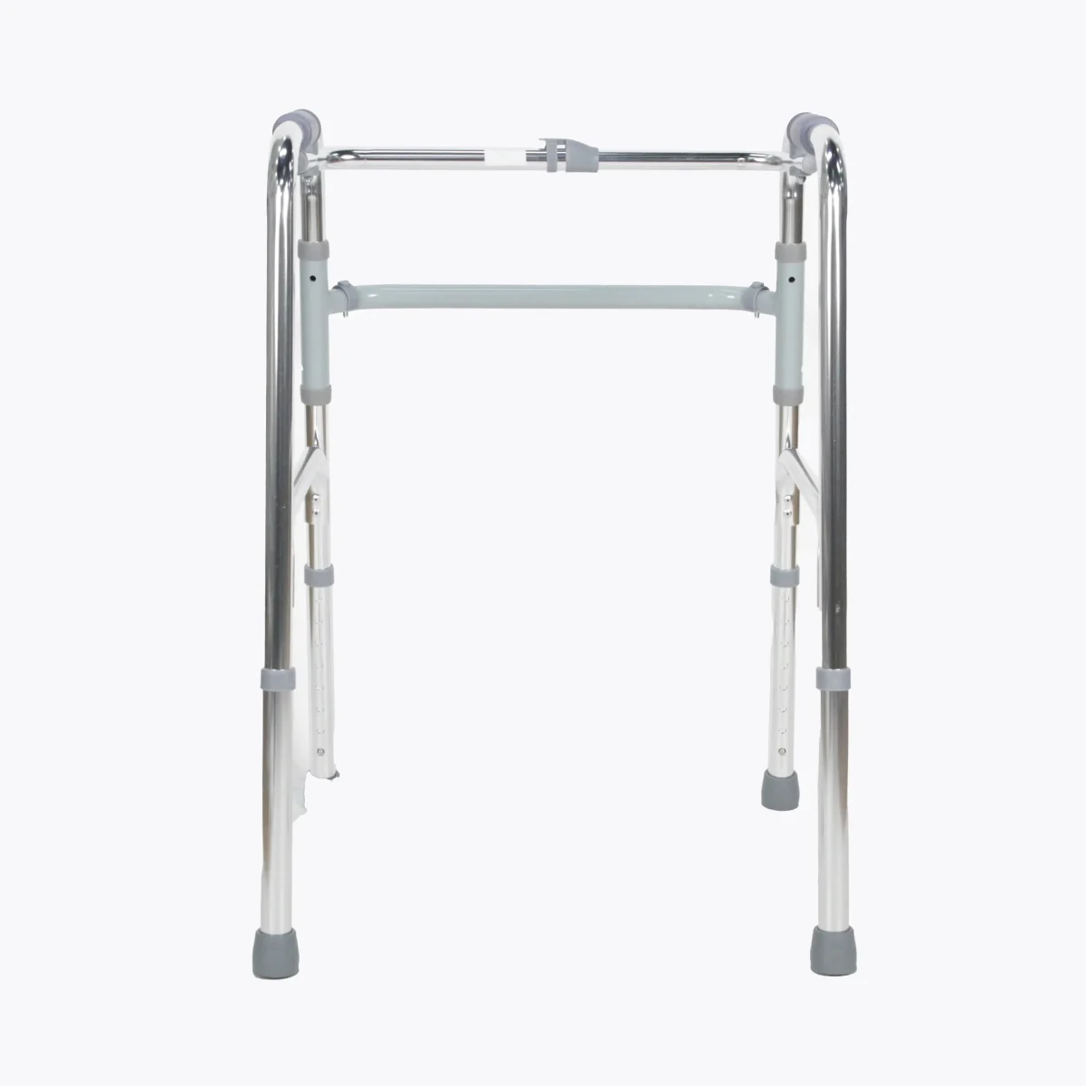 SwiftFold folding walker with lightweight aluminum frame, push-button fold, adjustable height, and rubber-tipped legs.