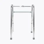 SwiftFold folding walker with lightweight aluminum frame, push-button fold, adjustable height, and rubber-tipped legs.